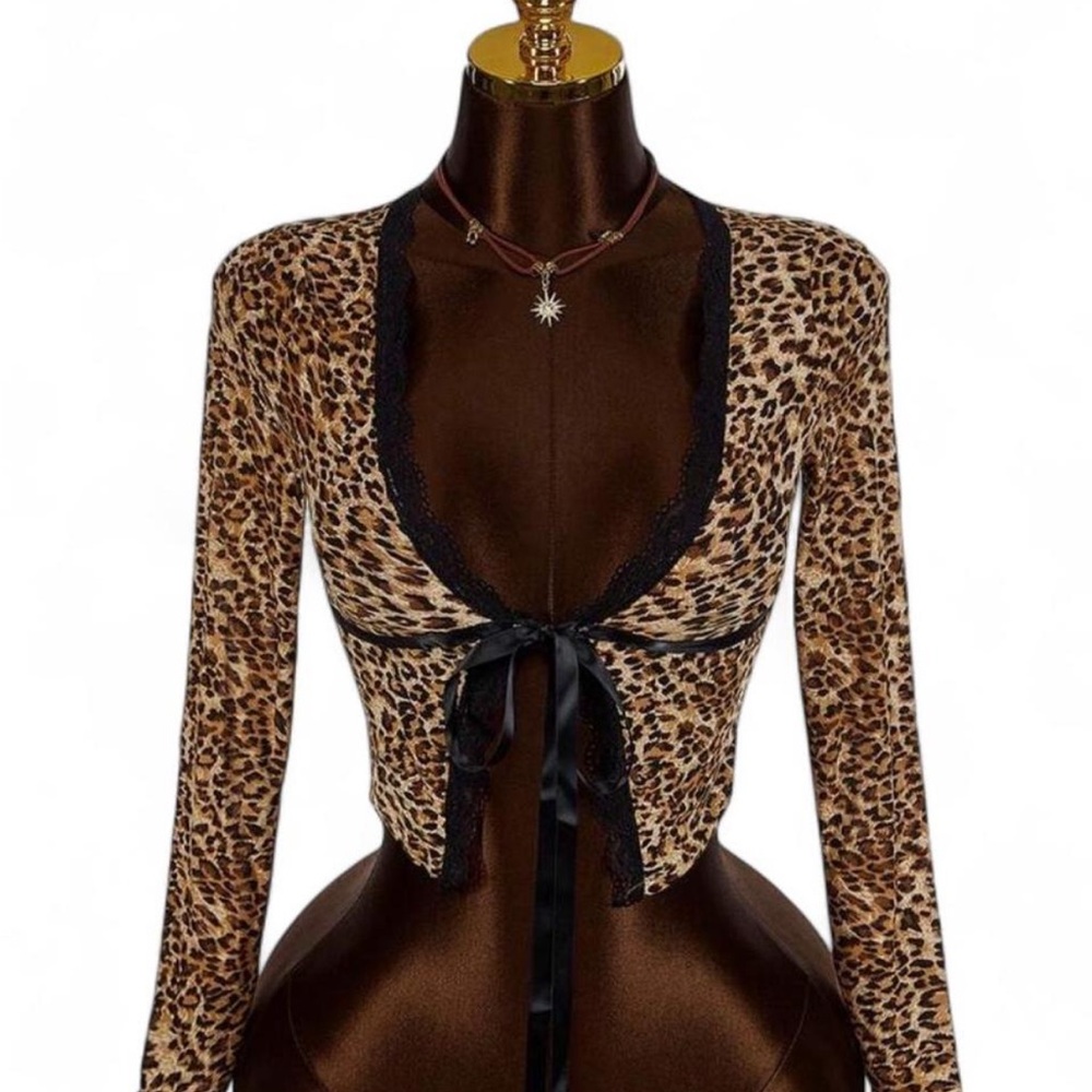 Y2K vintage Leopard Print Long Sleeve Top with Black Ribbon